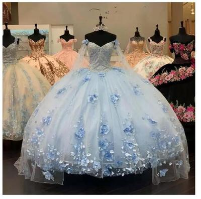Light Blue Quinceanera Dresses Flowers Ball Gown Off Shoulder Lace Appliques 3D Floral Crystal Beads Long Sleeves Sweet 16 Party Prom Evening Gowns