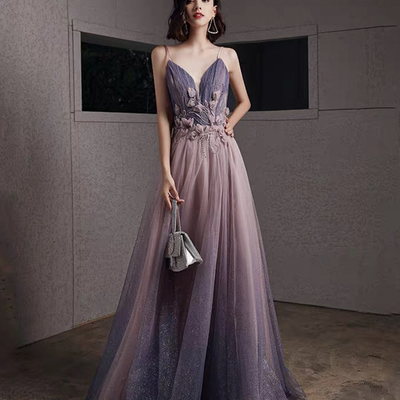 Purple tulle sequins long prom dress a line evening gown