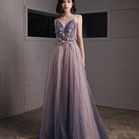Purple tulle sequins long prom dress A line evening gown - Thumbnail 1