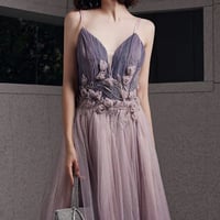 Purple tulle sequins long prom dress A line evening gown - Thumbnail 2
