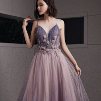 Purple tulle sequins long prom dress A line evening gown - Thumbnail 3