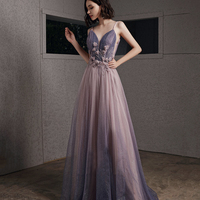 Purple tulle sequins long prom dress A line evening gown - Thumbnail 5