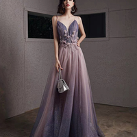 Purple tulle sequins long prom dress A line evening gown - Thumbnail 6
