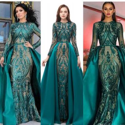 Luxury dark green mermaid evening dresses jewel long sleeves sequined lace detachable train sequins plus size evening party gowns wear