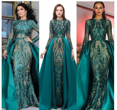 Luxury Dark Green Mermaid Evening Dresses Jewel Long Sleeves Sequined Lace Detachable Train Sequins Plus Size Evening Party Gowns Wear