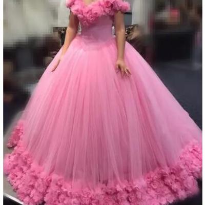 Hot pink quinceanera ball gown dresses off shoulder cap sleeves tulle with flowers long sweet 16 puffy cathedral train party prom gowns