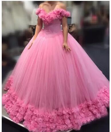 Hot Pink Quinceanera Ball Gown Dresses Off Shoulder Cap Sleeves Tulle With Flowers Long Sweet 16 Puffy Cathedral Train Party Prom Gowns