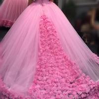 Hot Pink Quinceanera Ball Gown Dresses Off Shoulder Cap Sleeves Tulle With Flowers Long Sweet 16 Puffy Cathedral Train Party Prom Gowns - Thumbnail 1
