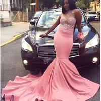  Mermaid Prom Dresses Long 2020 Sexy Sheer Bust Pink Formal Evening Gowns High Neck Lace Cocktail Party Dress Sweet 16 Gown - Thumbnail 1