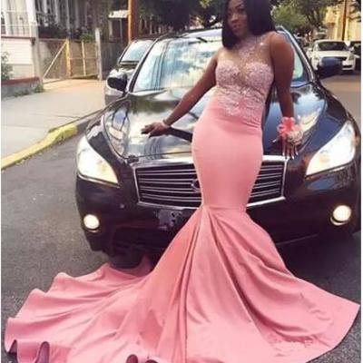  mermaid prom dresses long 2020 sexy sheer bust pink formal evening gowns high neck lace cocktail party dress sweet 16 gown