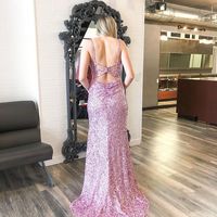 Sparkly Mermaid Pink Sequins Long Prom Dress with Slit - Thumbnail 1