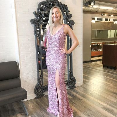 Sparkly mermaid pink sequins long prom dress with slit - Thumbnail 2