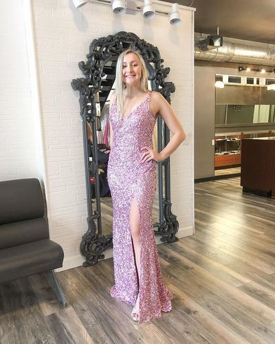 Sparkly Mermaid Pink Sequins Long Prom Dress with Slit