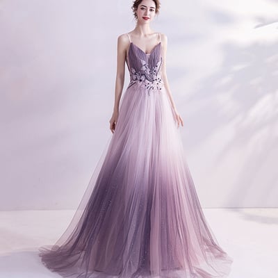 Purple tulle sequins long prom dress purple evening dress - Thumbnail 1