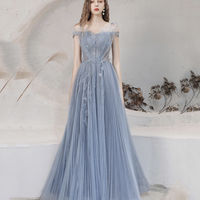 Blue tulle sequins long prom dress blue evening dress - Thumbnail 2