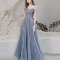 Blue tulle sequins long prom dress blue evening dress - Thumbnail 1