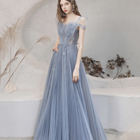 Blue tulle sequins long prom dress blue evening dress - Thumbnail 3