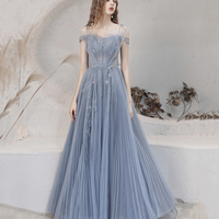 Blue tulle sequins long prom dress blue evening dress - Thumbnail 4