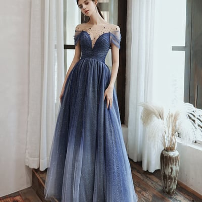 Blue tulle sequins long prom dress blue evening dress - Thumbnail 2