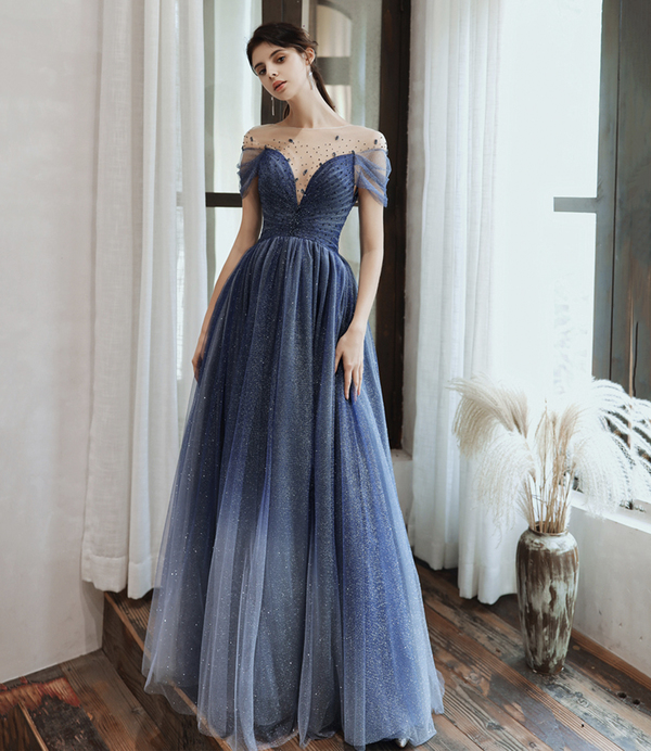 Blue tulle sequins long prom dress blue evening dress