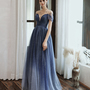 Blue tulle sequins long prom dress blue evening dress-1