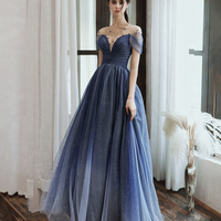 Blue tulle sequins long prom dress blue evening dress - Thumbnail 1