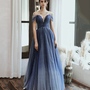 Blue tulle sequins long prom dress blue evening dress-3