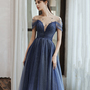 Blue tulle sequins long prom dress blue evening dress-4