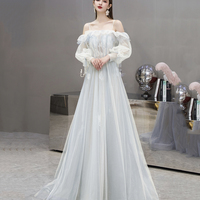 Cute tulle lace long prom dress A line evening dress - Thumbnail 2