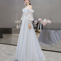 Cute tulle lace long prom dress A line evening dress - Thumbnail 3