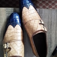 New Edition Alligator Skin Wingtip Monk Strap Handmade Leather Shoes - Thumbnail 3