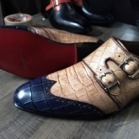 New Edition Alligator Skin Wingtip Monk Strap Handmade Leather Shoes - Thumbnail 5