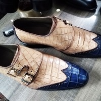 New Edition Alligator Skin Wingtip Monk Strap Handmade Leather Shoes - Thumbnail 2