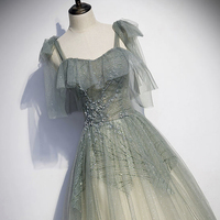 Green tulle sequins long prom dress evening gown - Thumbnail 1
