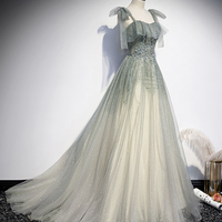 Green tulle sequins long prom dress evening gown - Thumbnail 2