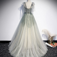 Green tulle sequins long prom dress evening gown - Thumbnail 3