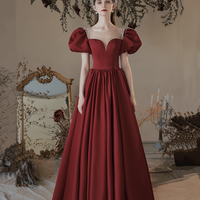 Burgundy satin long prom dress evening dress - Thumbnail 1
