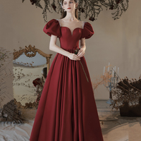 Burgundy satin long prom dress evening dress - Thumbnail 2