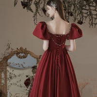 Burgundy satin long prom dress evening dress - Thumbnail 4