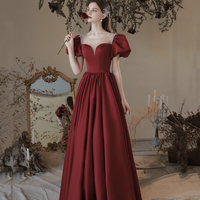 Burgundy satin long prom dress evening dress - Thumbnail 5
