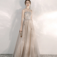 Champagne tulle sequins long prom dress A line evening dress - Thumbnail 1