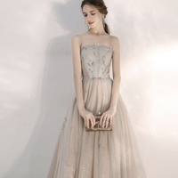 Champagne tulle sequins long prom dress A line evening dress - Thumbnail 3