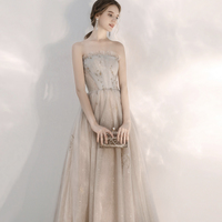 Champagne tulle sequins long prom dress A line evening dress - Thumbnail 4