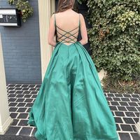 Cute A Line V Neck Green Satin Long Prom Dress with Cross Back - Thumbnail 1