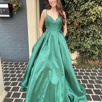 Cute a line v neck green satin long prom dress with cross back - Thumbnail 2