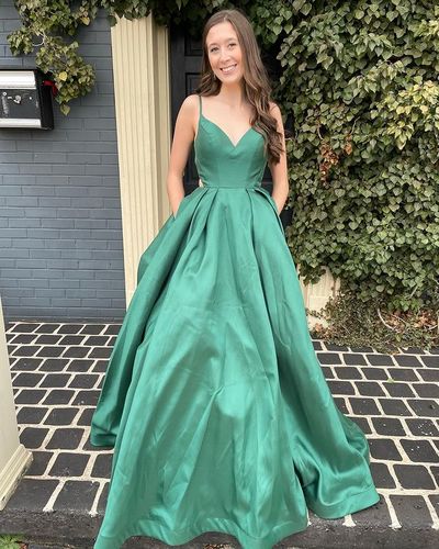 Cute A Line V Neck Green Satin Long Prom Dress with Cross Back