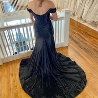 Sexy Mermaid Off the Shoulder Black Satin Long Prom Dress with Slit - Thumbnail 1