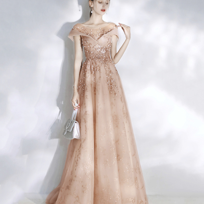 Stylish tulle sequins long prom dress evening dresses