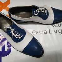 Best Hand Stitch Blue And White Contrast Cap Toe Style Shoes, Men's Genuine Leather Lace Up Shoes - Thumbnail 1