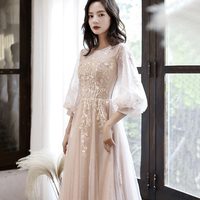 Cute tulle lace long prom dress A line evening dress - Thumbnail 1